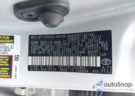 2018 Toyota Corolla Le из США, поврежденный, VIN 2T1BURHE3JC030201